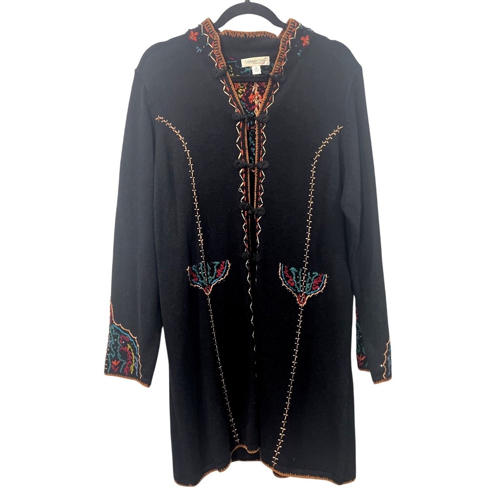 Black Embroidered Tassel Closure Cardigan Sweater Sz M Boho‎ Folk Artsy Western